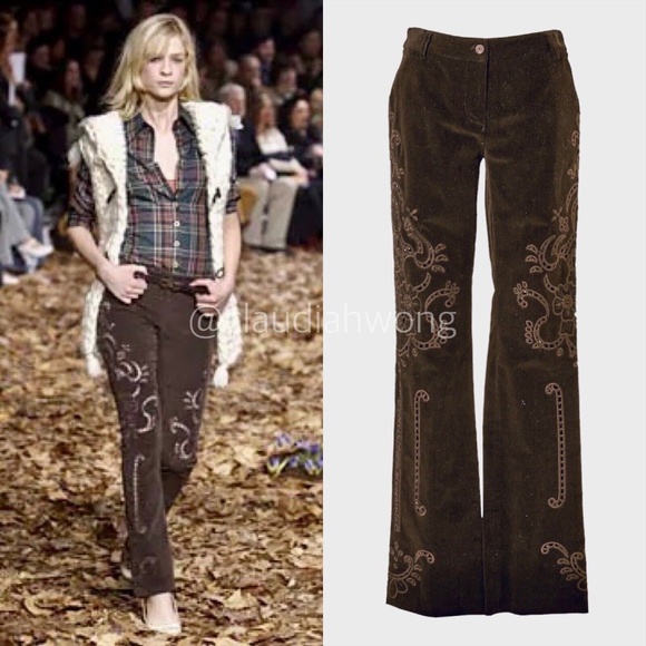 Vintage D&G DOLCE & GABBANA F/W 2002 Embroidered Cutout Corduroy Pants in Brown - Picture 1 of 9